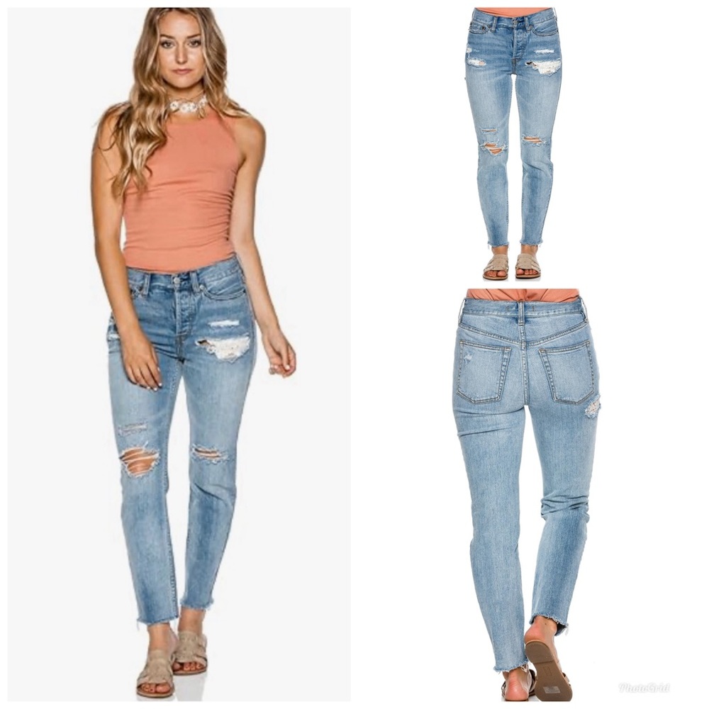 Free People Women’s Lacey Distressed Button Fly Raw Hem Cropped Jean Size 30